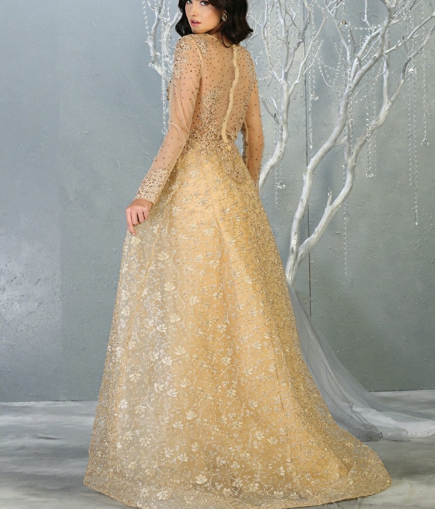 GOLD OR SILVER BEADED LACE EVENING GOWN - Picture 3 of 8